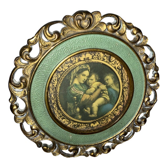 Ornate Gilt Brass Oval Frame With a Madonna and Child Print. For Sale