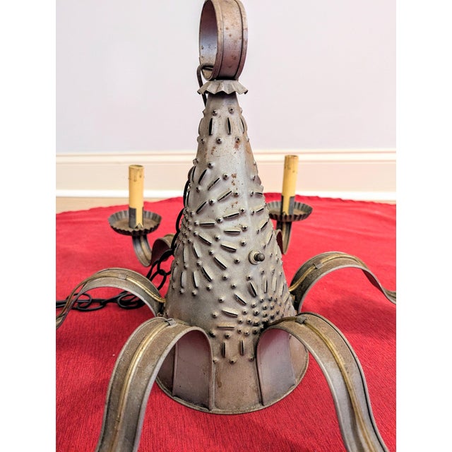 Vintage Hand-Punched Tin Witch's Hat 6-Arm Chandelier – By Irvin's Country Tinware For Sale - Image 13 of 18