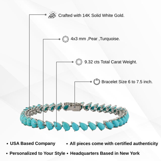 9.32ct Pear Cut Natural Turquoise Tennis Bracelet in 14k White Gold, 7 Inches For Sale - Image 12 of 16