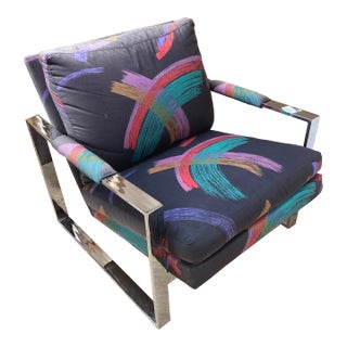 Milo Baughman for Thayer Coggin Flat Bar Chrome Lounge Chair in Original Pop-Art Abstract 1980s Upholstery For Sale