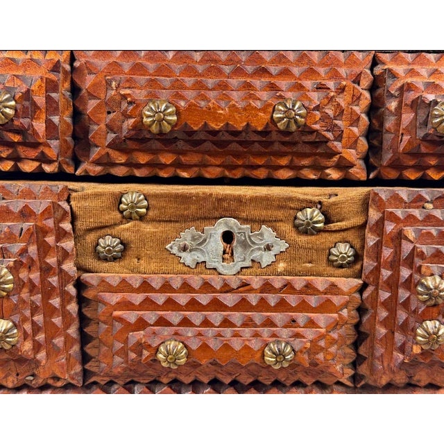 Antique European Tramp Art Keepsake Box With Red Velvet and Brass Details For Sale In New York - Image 6 of 7