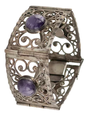 Silver Bracelet with Amethysts, Cabochon Cut.