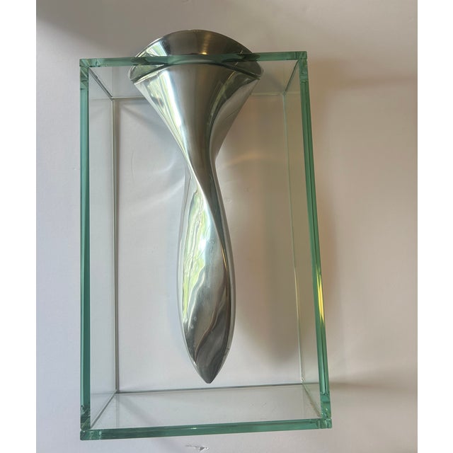 1980s Lisa Mori “Twisted Tornado” Italian Postmodern Aluminum & Glass Sculptural Vase, 13”h For Sale - Image 13 of 16