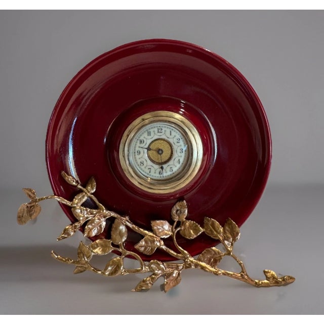 Red Antique German Art Nouveau Ceramic Dish Desk Clock With Metal Detailing For Sale - Image 8 of 11