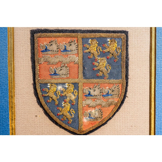 1910s Preppy Antique English School Framed Crest Patch Armorial Coat of Arms Home Wall Decor For Sale - Image 5 of 11