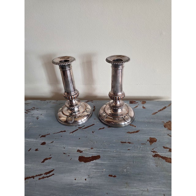 Pair of Antique Sheffield Silver Plated Candlestick Holders With Shell Design For Sale - Image 10 of 12
