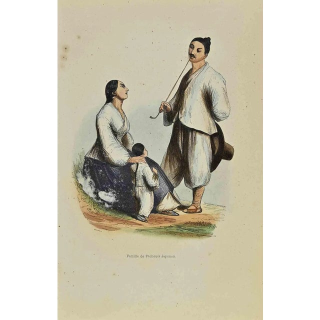 Family of Japanese Fishermen is a lithograph made by Auguste Wahlen in 1844. Hand colored. Good condition. At the center...