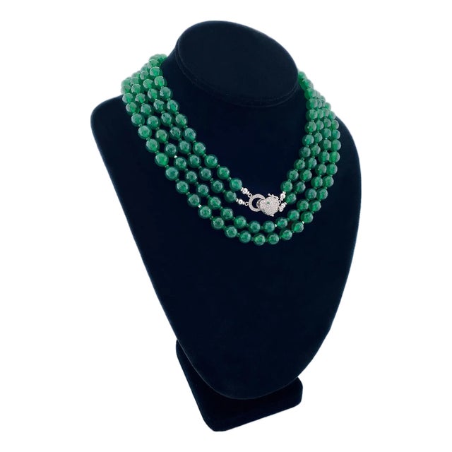 Green Onyx Double-Strand Necklace With Sterling Silver Leopard Clasp For Sale