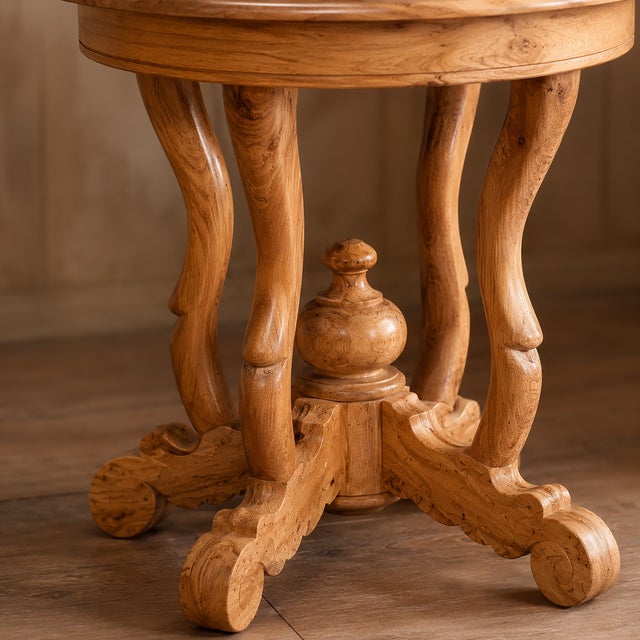 Wood Solid Wood Carved Round Side Table, Handcrafted Vintage Accent Lamp Table For Sale - Image 7 of 10