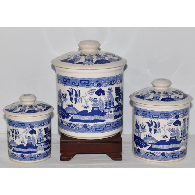 Early 20th Century Transferware Blue Willow 3 Piece Canister Set Blue White Ceramic Canisters For Sale - Image 9 of 9