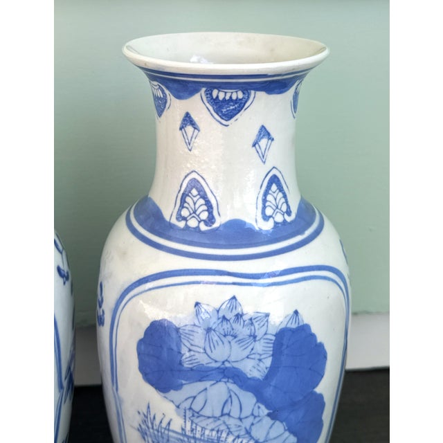 Ceramic Vintage Blue & White 12" Porcelain Vases - A Pair For Sale - Image 7 of 11