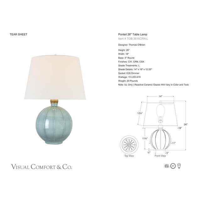 Thomas O'Brien by Visual Comfort Signature Ponteil 26" Table Lamp in Crackled Robin with Linen Shade Designer: Thomas...