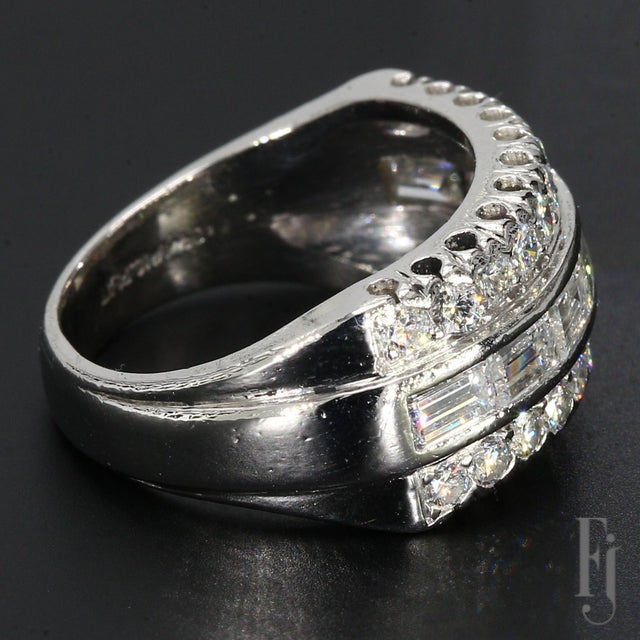 Mid-Century Modern Vintage Platinum Three-Row Band With Round & Baguette Diamonds - Size 4.5 For Sale - Image 3 of 9