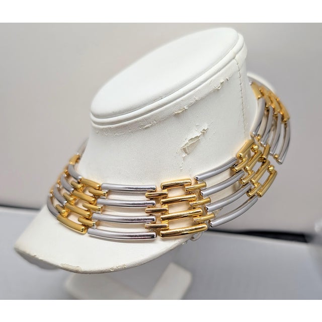 Metal Vintage 1980s Signed Givenchy Goldtone & Rhodium Plated Interlocking Links Collar Necklace For Sale - Image 7 of 11
