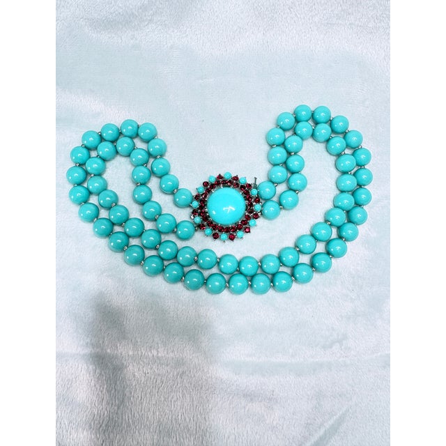 1950s 1950s Crown Trifari Turquoise Cabochon Necklace and Convertible Brooch Pendant Set For Sale - Image 5 of 10