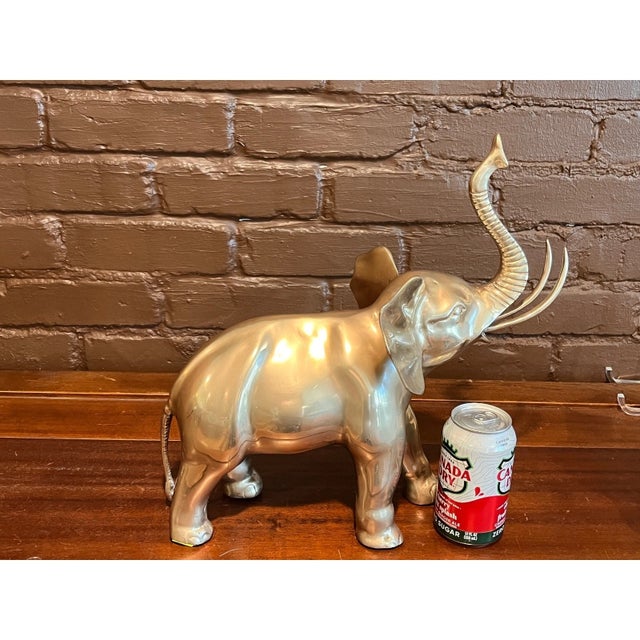 Vintage Solid Brass Elephant Figurine Large Heavy 15" Statue Trumpeting Trunk For Sale - Image 4 of 6