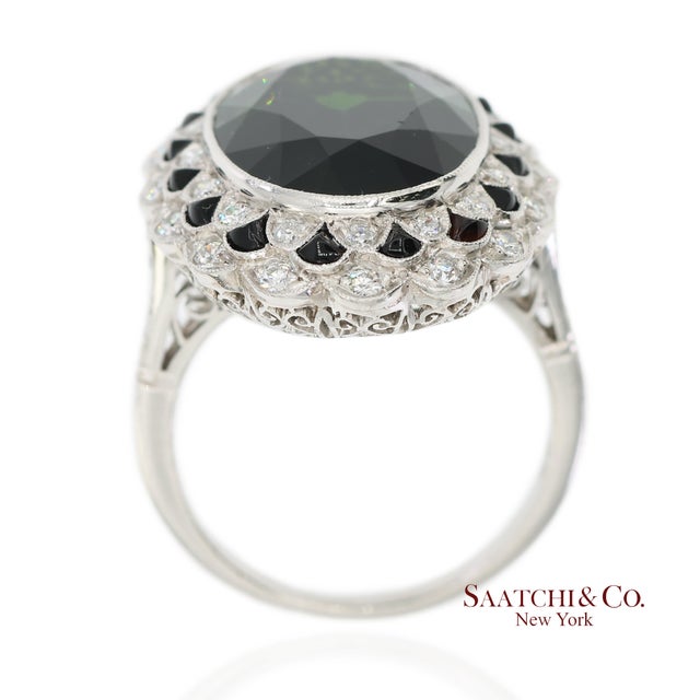 Early 21st Century Vintage Platinum 950 Milgrain Natural Diamond and Tourmaline Ring, Size 7 For Sale - Image 5 of 12