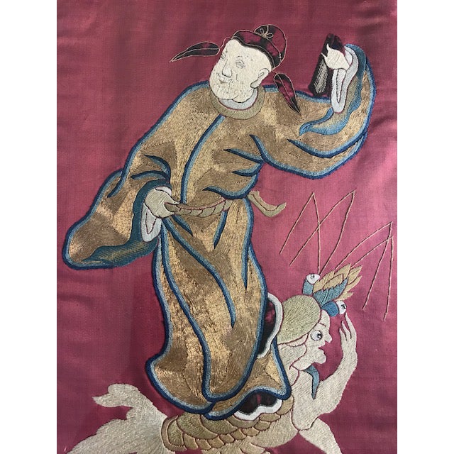 Antique Chinese Mythological Wall Hangings, Metallic Embroidered
