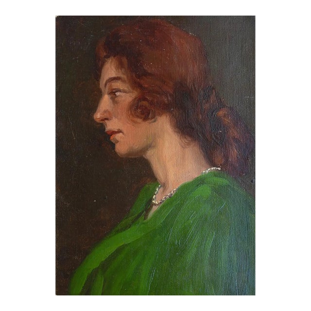 Early 20th Century Woman in Green Dress Portrait Painting For Sale