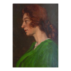 Early 20th Century Woman in Green Dress Portrait Painting