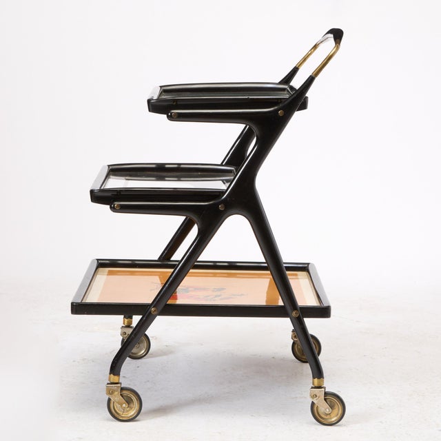 Italian Mid-Century Italian Ebonized Wood Three-Tiered Bar Cart With Removable Trays For Sale - Image 3 of 11
