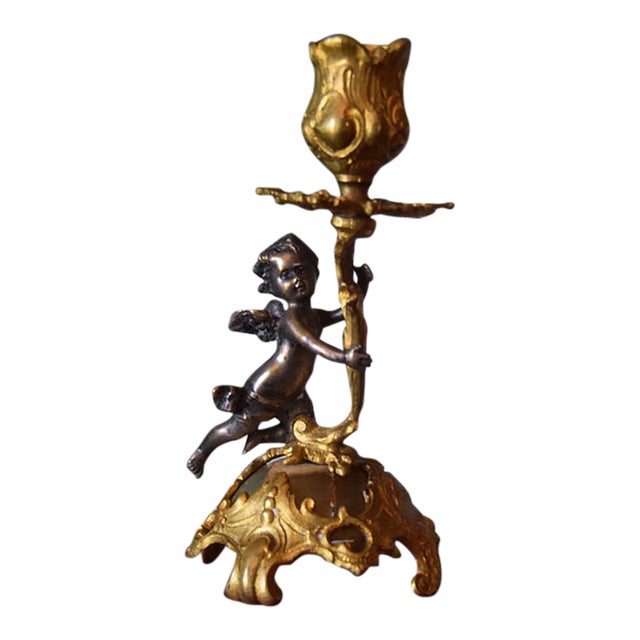 19th-Century French Rococo Revival Bronze, Gilt Bronze & Onyx Putto Candlestick For Sale