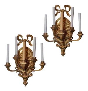 Adam Style Five-Arm Gilt Bronze Wall Light Sconces - A Pair