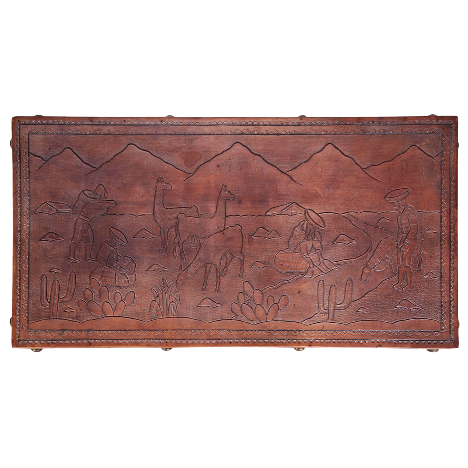 Peruvian Tooled Leather Bench or Coffee Table With South American