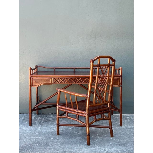 Chocolate Vintage Brown Jordan Fretwork Rattan Writing Desk and Chair For Sale - Image 8 of 12