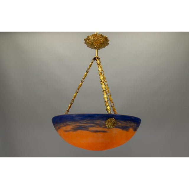 French Art Nouveau Blue & Orange Mottled Glass Pendant Light by G.V. Croismare For Sale - Image 18 of 18
