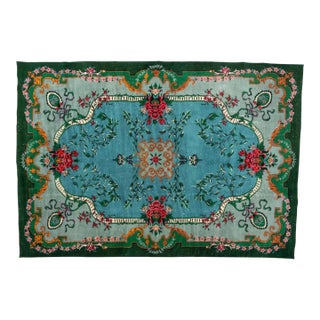 Vintage 1960s Turkish Sparta Savonnerie Rug, Teal Blue & Emerald Green With Roses – 6'8" X 9'9" For Sale