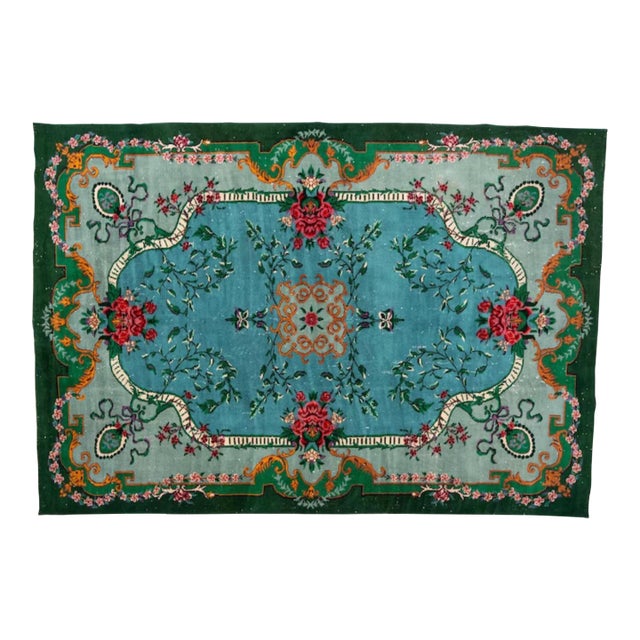 Vintage 1960s Turkish Sparta Savonnerie Rug, Teal Blue & Emerald Green With Roses – 6'8" X 9'9" For Sale