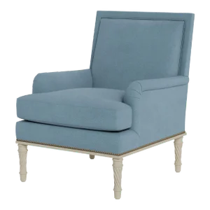 Bunny Williams Home Azure Chair in Aegean Performance Linen with Distressed Brass Nail Heads and Alpine White Legs