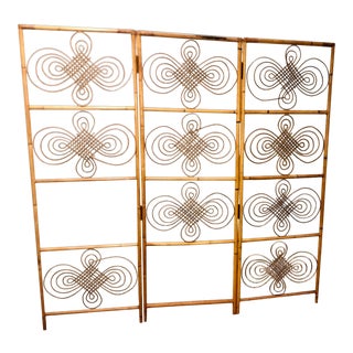 Vintage Boho Scroll Three Panels Folding Rattan Screen Headboard For Sale