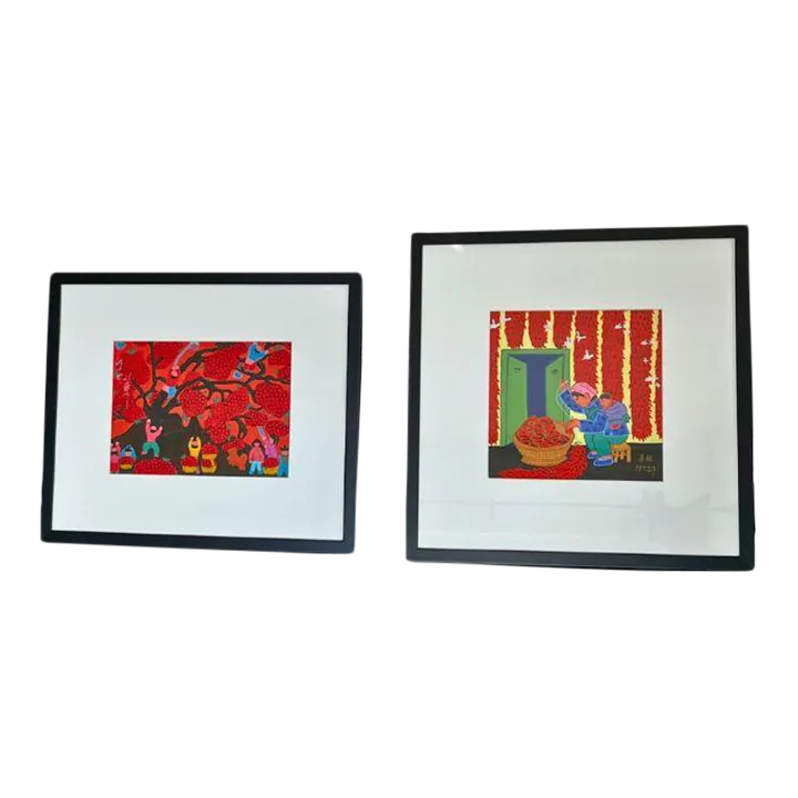 1990s Gouache on Paper, Chinese Folk Art, Signed & Framed, Pair (2