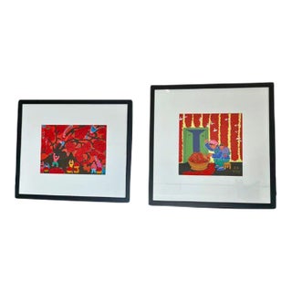 1990s Gouache on Paper, Chinese Folk Art, Signed and Framed, Pair For Sale