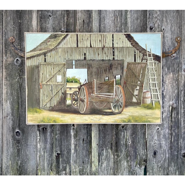 Found at a local Bucks County, PA estate Signed. Nice American landscape of old barn, tractor About 37” X 27.5” overall...