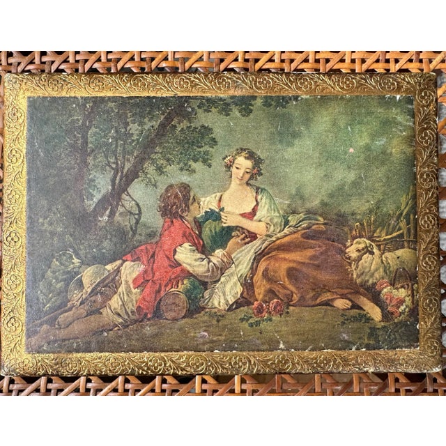 Well used vintage wooden box made in Italy. Depicting a replica of La Mussette on the top, the box has quite a bit of gold...