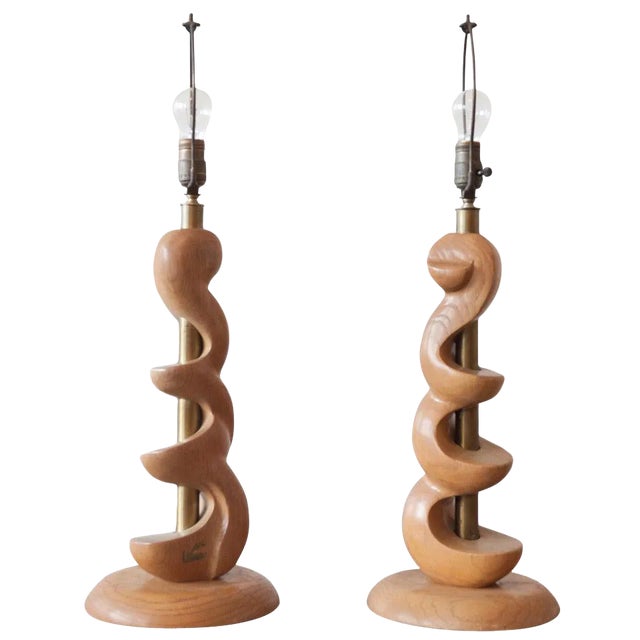 Sculpted Wooden Lamps by Light House - a Pair For Sale