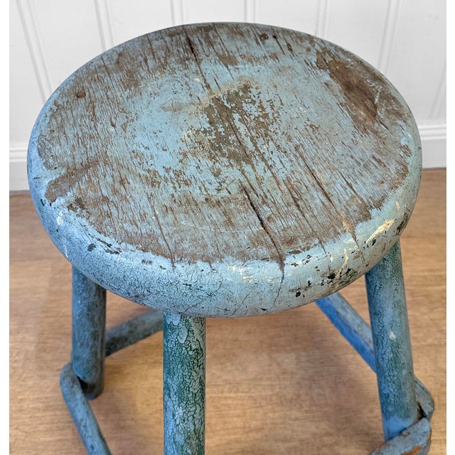 Wood Antique Primitive Farmhouse Blue Wood Round Barn Milking Stool For Sale - Image 7 of 8