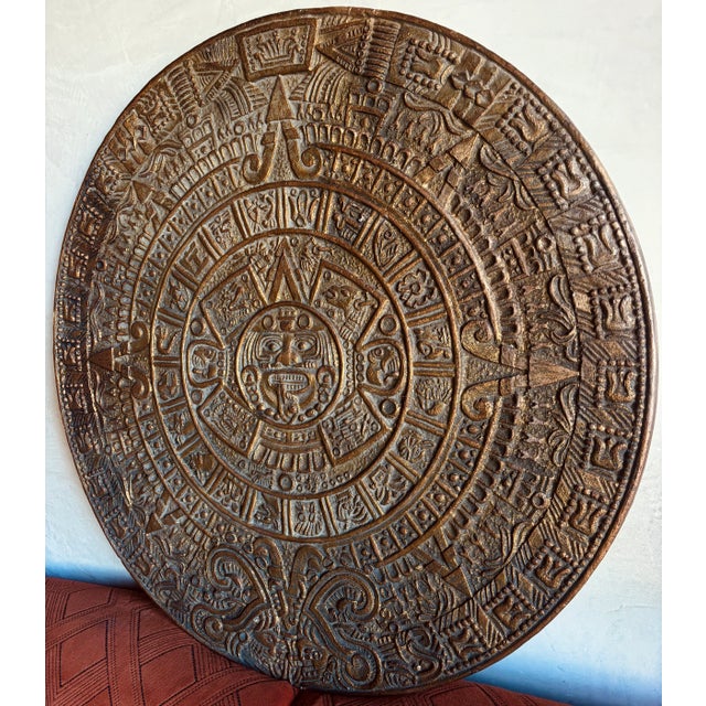 Stunning, monumental Angel Pazmino-style Mexican Modernist Aztec/Mayan calendar wall hanging made of clay and bronzed....