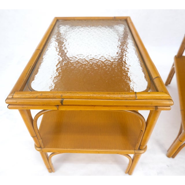 Pair c1970s Bamboo Rattan Two Tier Rippled Glass Top Rectangle End Side Tables For Sale - Image 9 of 14