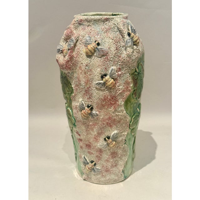 Green Vintage Mexican Majolica Vase Mercario Murguia Bees & Leaves For Sale - Image 8 of 13
