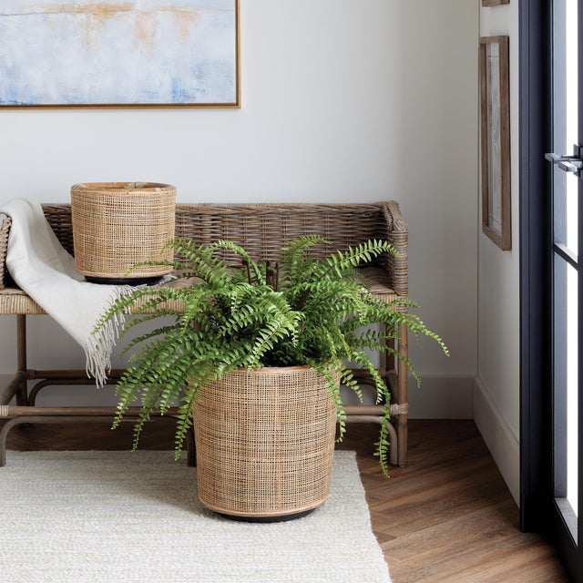 Here's a smart idea- a modern rattan planter tightly woven around a grower's pot. The plastic pot helps the weave retain...