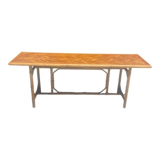 Authentic McGuire Vintage Rattan Console Table, Refinished Herringbone Wood Top For Sale