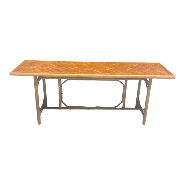 Authentic McGuire Vintage Rattan Console Table, Refinished Herringbone Wood Top For Sale
