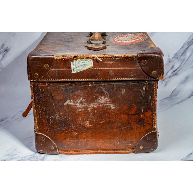 Timeworn Antique English Leather Cunard Label Case Box Home Decor Prop Storage For Sale - Image 15 of 17