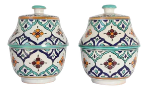 Moorish Ceramic Glazed Covered Urns Handcrafted in Fez Morocco - A Pair