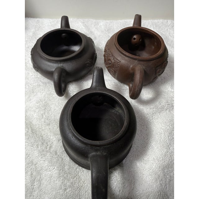 Brown Vintage Chinese YiXing Small Teapots Dragon Motif Brown/Dark 20th C. - Set of 3 For Sale - Image 8 of 12