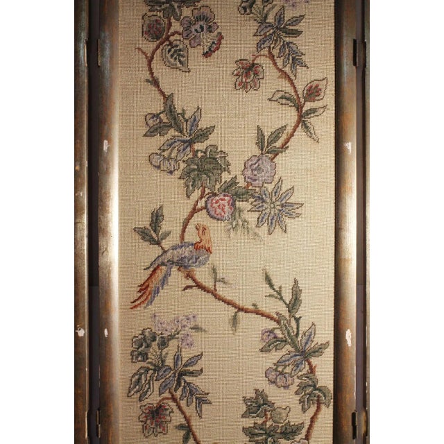 Beautiful vintage Italian chinoiserie or oriental room divider screen with stitched panels of foliage, flowers and birds...